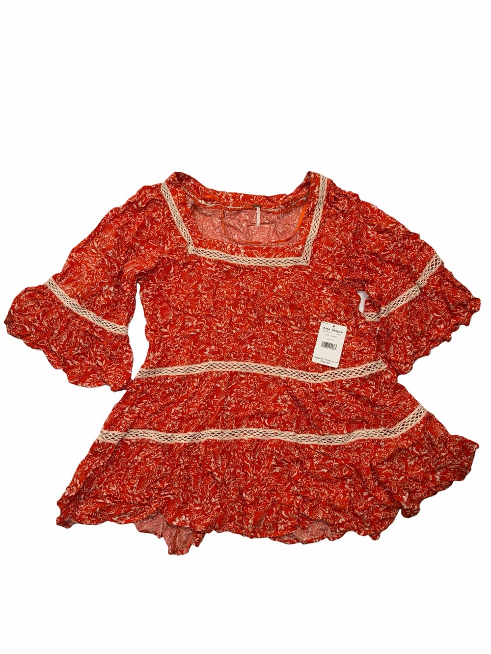 Free People Talk About It Orange Floral Boho Tunic Blouse, Sz L NWT